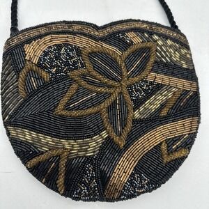 Vintage Beaded Crossbody Handbag Black Gold Gorgeous 8x7 EUC